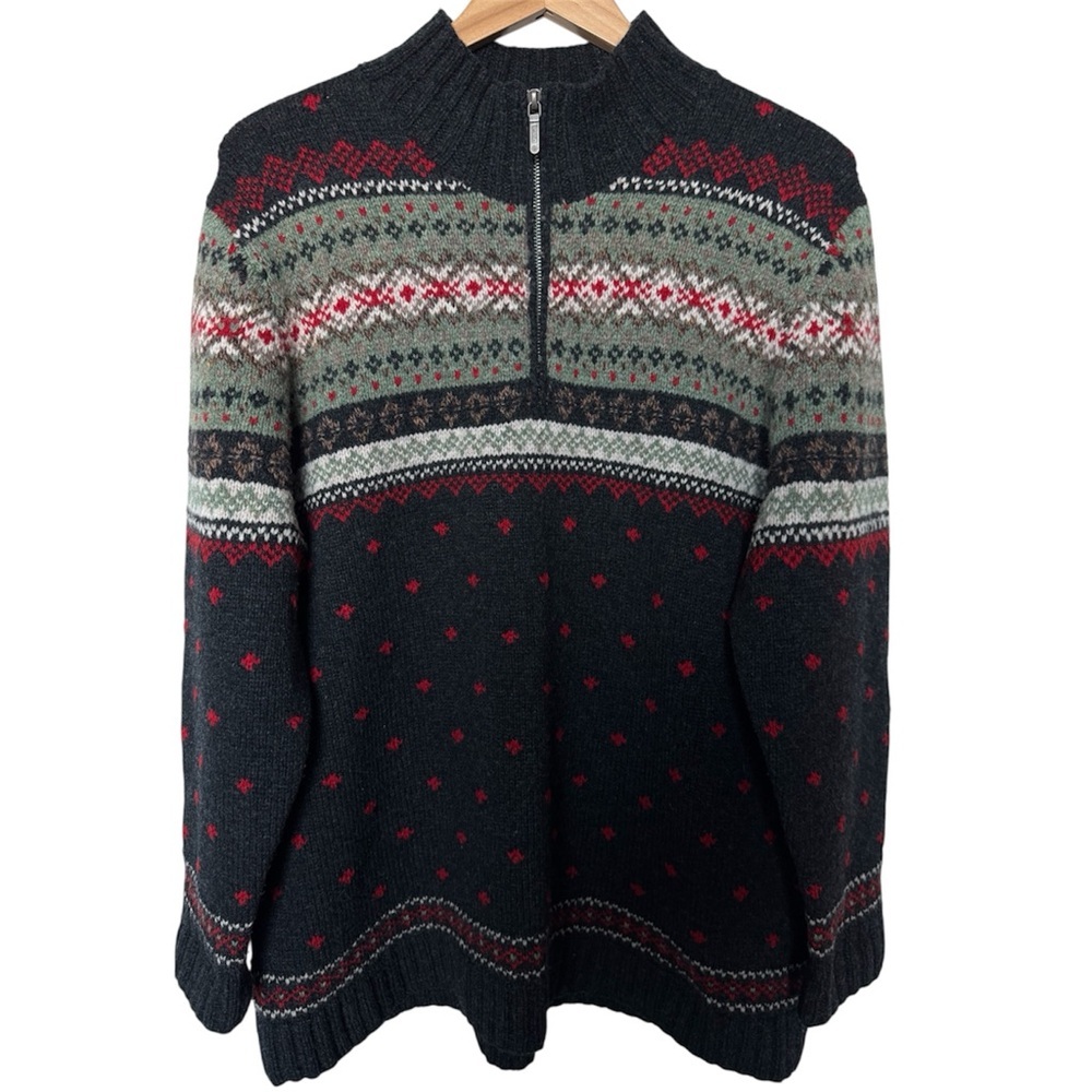 LAUREN RALPH LAUREN Handknit Lambswool Fair Isle 1/4 Zip Nordic Sweater Grey 1X